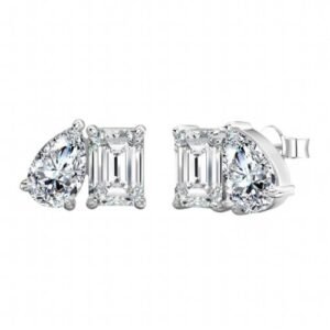 Moissanite Toi et Moi Stud Earrings Sterling Silver Emerald & Pear Cut 1