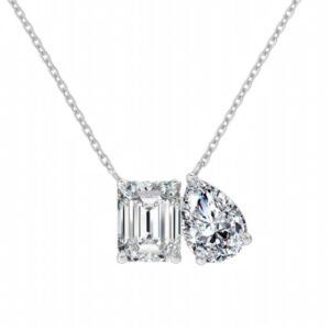 Moissanite Toi et Moi Pendant Necklace, Emerald & Pear Cut, Sterling Silver 1